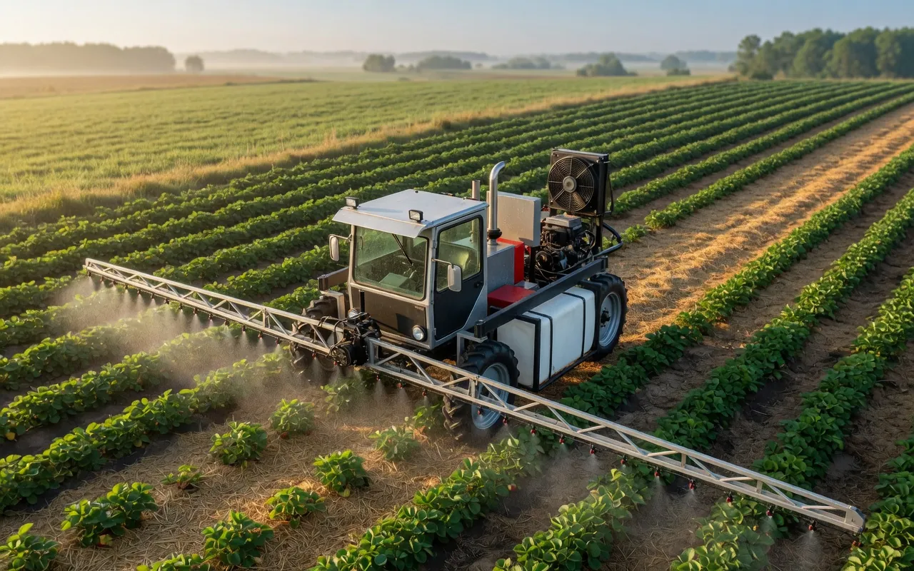 Artist’s impression of the diesel straddler spraying strawberries: a glass cab with a visor and lights at the front, a strapped white spray tank low in each leg between big lugged wheels, the engine with an upright exhaust behind the cab, a red fuel tank, a radiator with a big fan up high at the back, and the boom out in front across the rows.