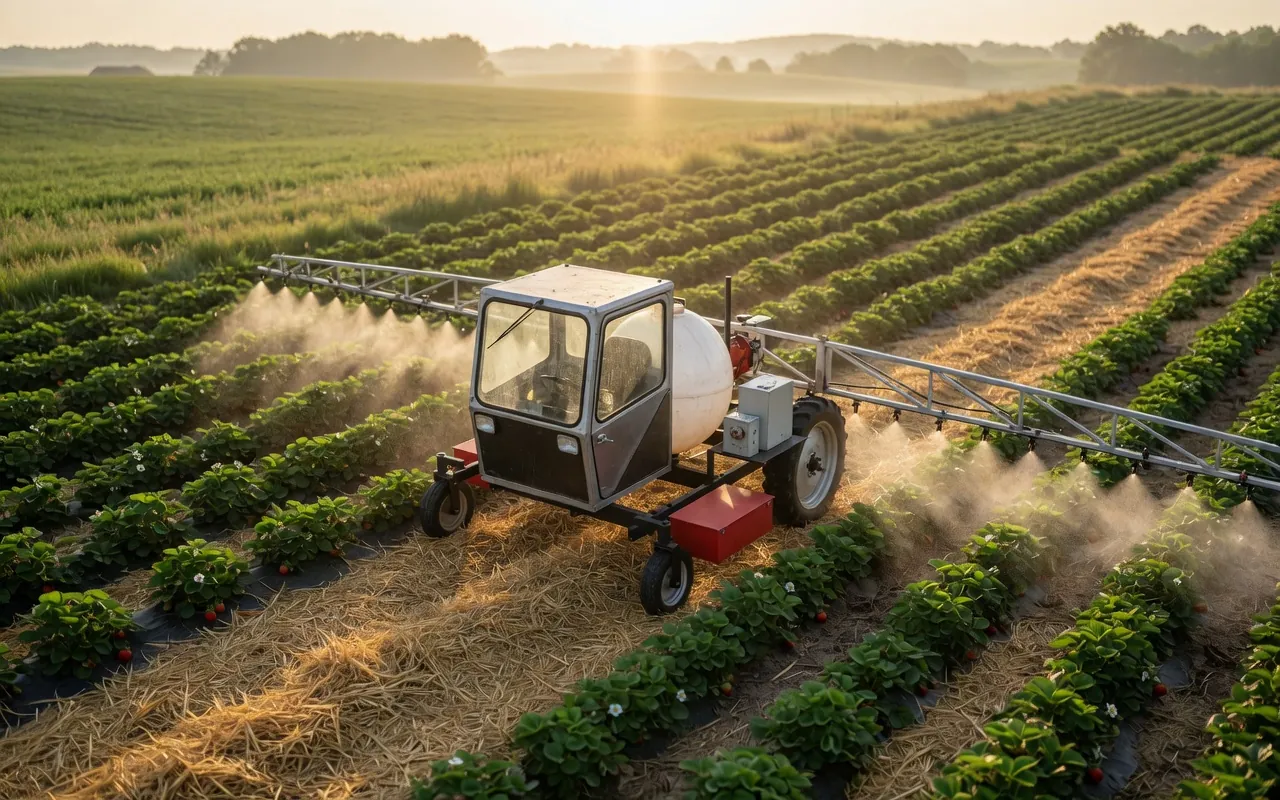 Artist’s impression of the strawberry straddler spraying: a one-person glass cab and a white spherical tank on a low black frame, its legs running in the straw alleys either side of two rows, the boom out over the field.