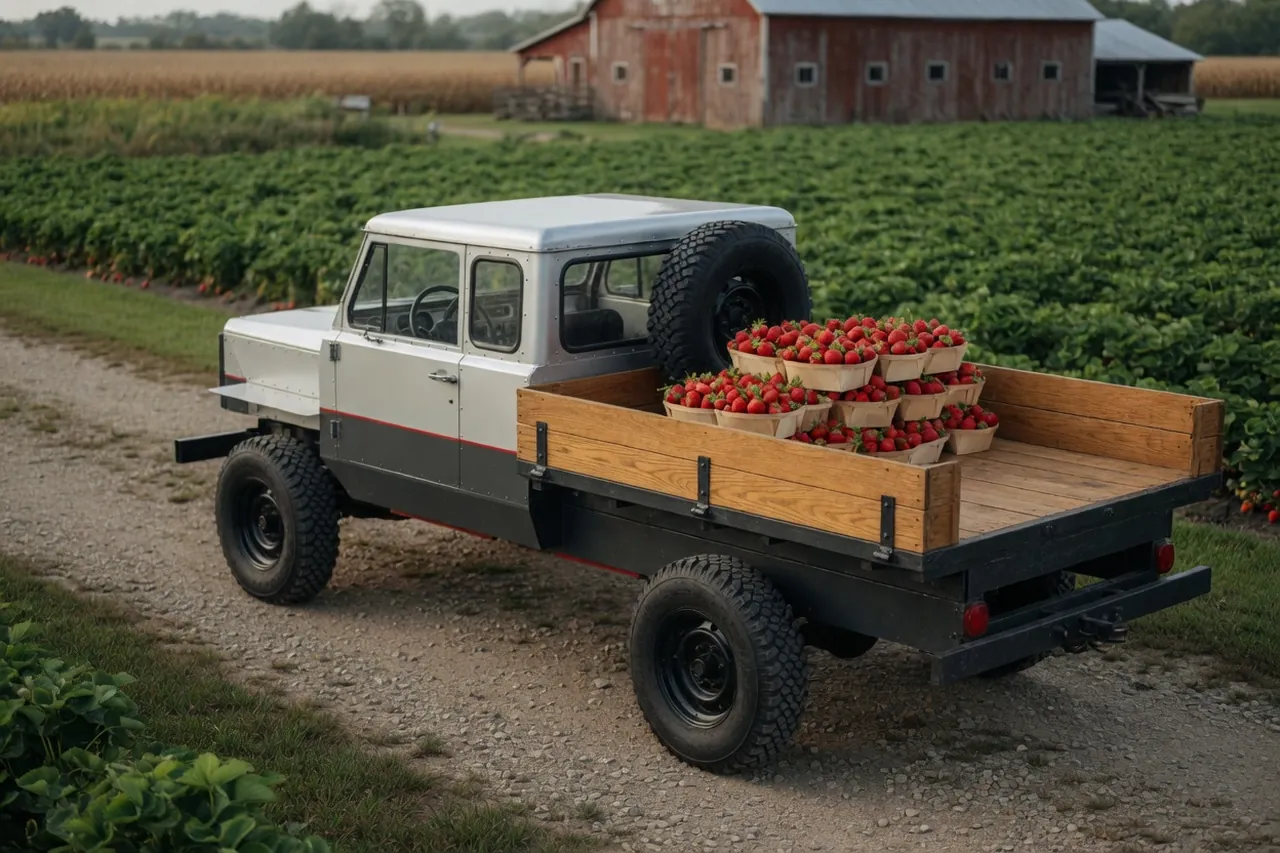 Artist’s impression of the truck from behind: the oak deck with wooden stake sides, carrying baskets of strawberries beside a strawberry field.