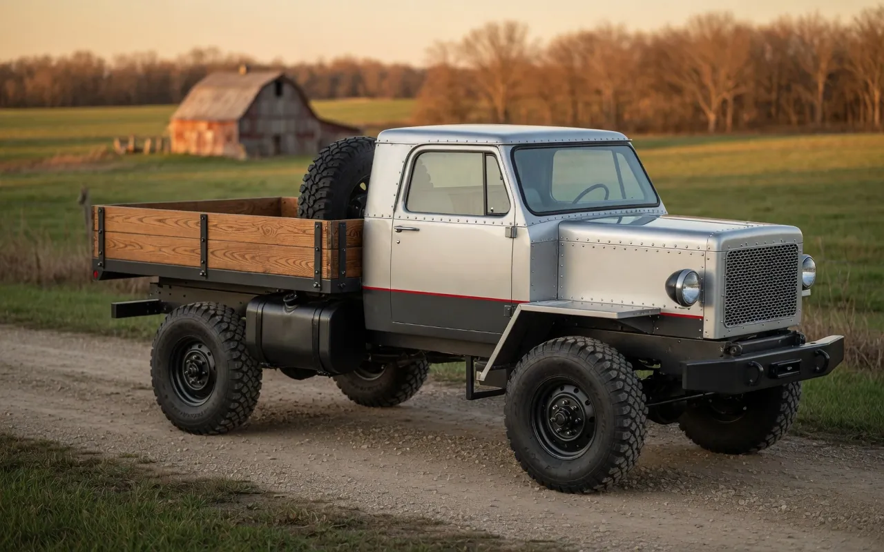 Artist’s impression of the plated diesel truck: a flat-panelled silver and charcoal pickup with a tall square hood and grille, a black side-saddle fuel tank behind the cab, a spare upright and an oak stake bed, on 35 inch tyres.