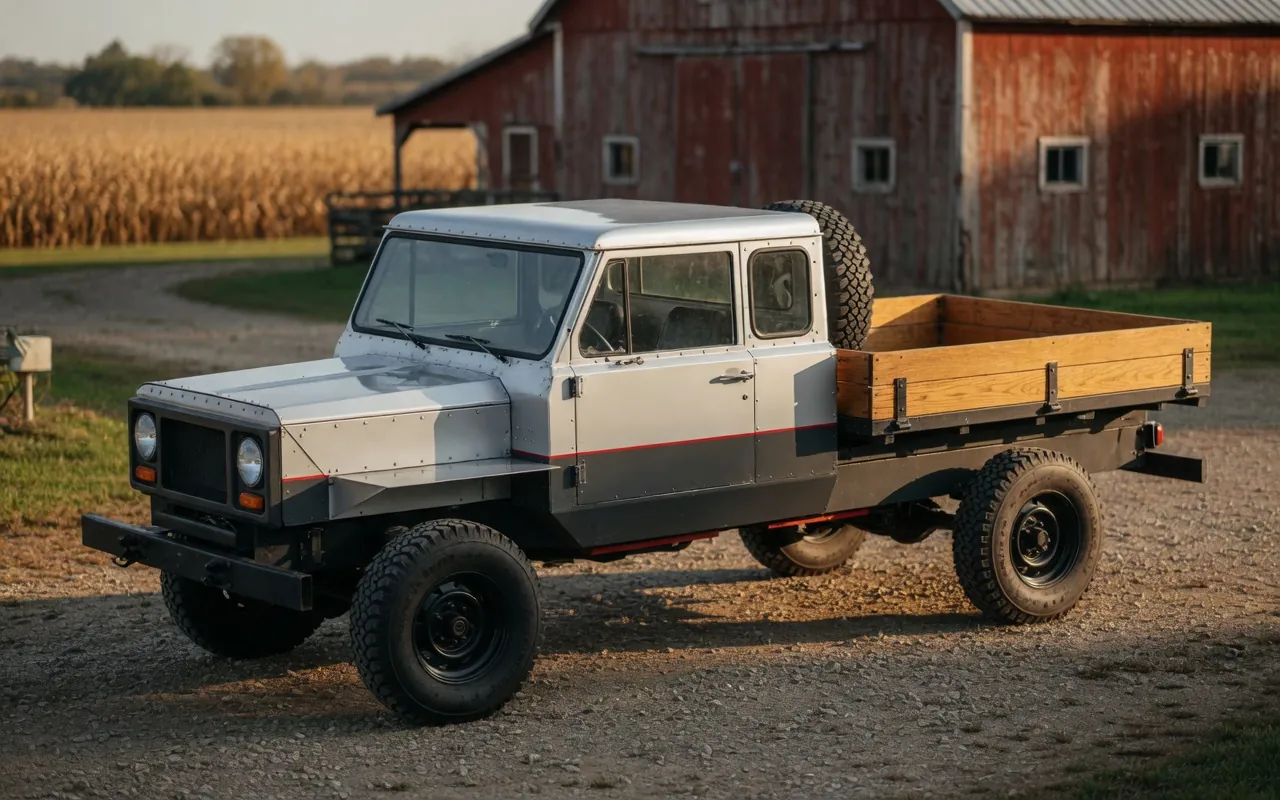 Artist’s impression of the Drumlin truck parked in a farmyard: a flat-panelled silver and charcoal pickup with a red side stripe, a square hood, the spare tyre upright behind the cab and an oak stake bed.